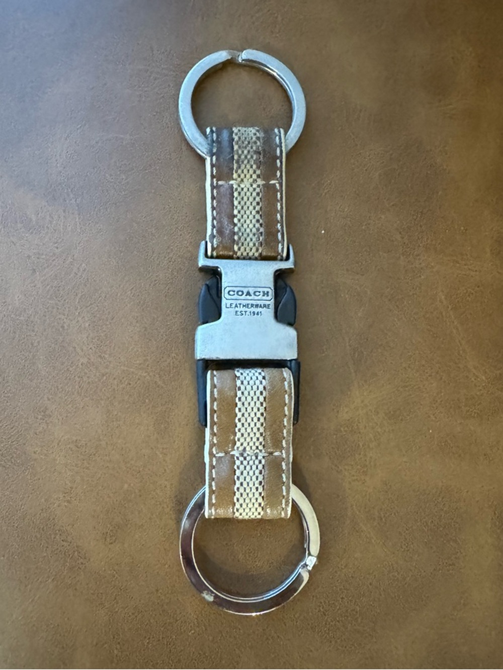 Coach Tan and Cream Stripe Leather Key chain with Silver Hardware